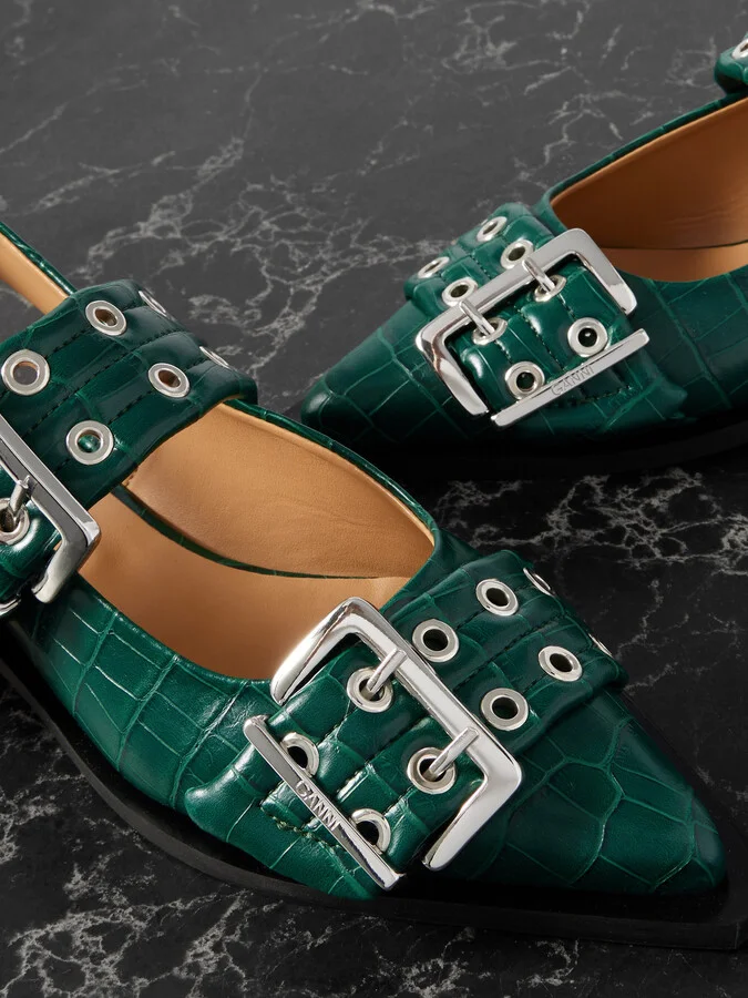GANNI - Embellished Glossed Recycled Point-toe Slingback Flats - Green - Image 4