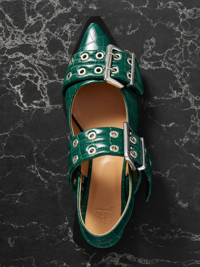 GANNI - Embellished Glossed Recycled Point-toe Slingback Flats - Green - Image 5
