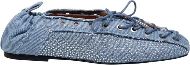 Ganni Embellished Lace-Up Denim Ballerina Flat Shoes