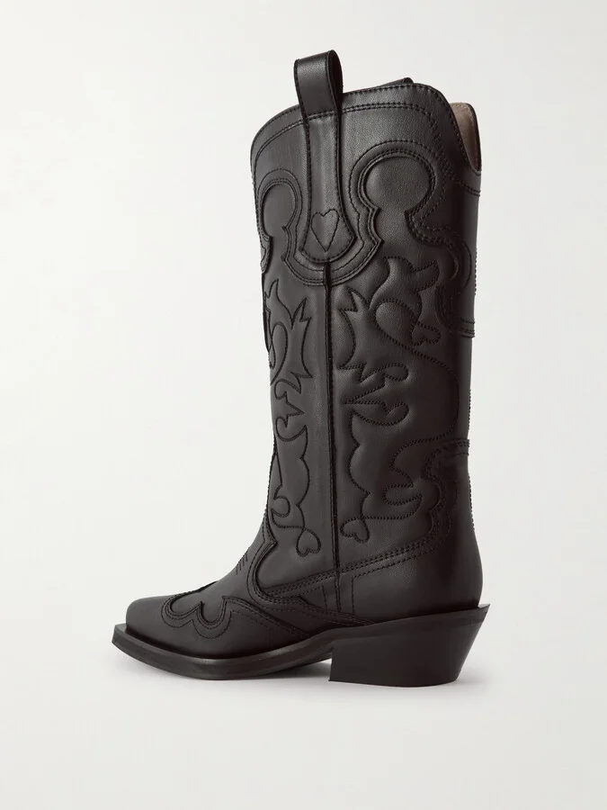 GANNI - Embroidered Leather Cowboy Boots - Black - Image 3