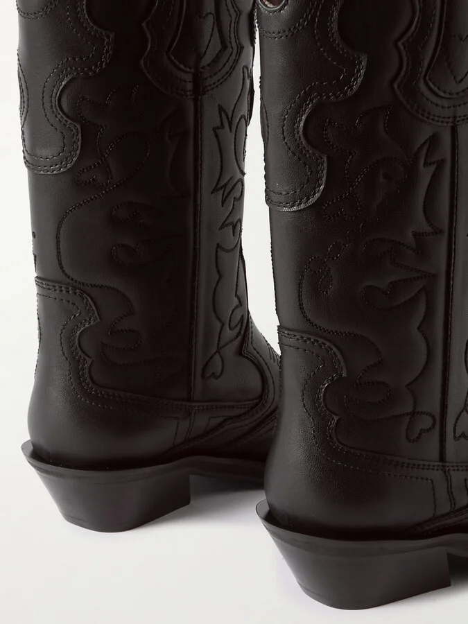 GANNI - Embroidered Leather Cowboy Boots - Black - Image 4