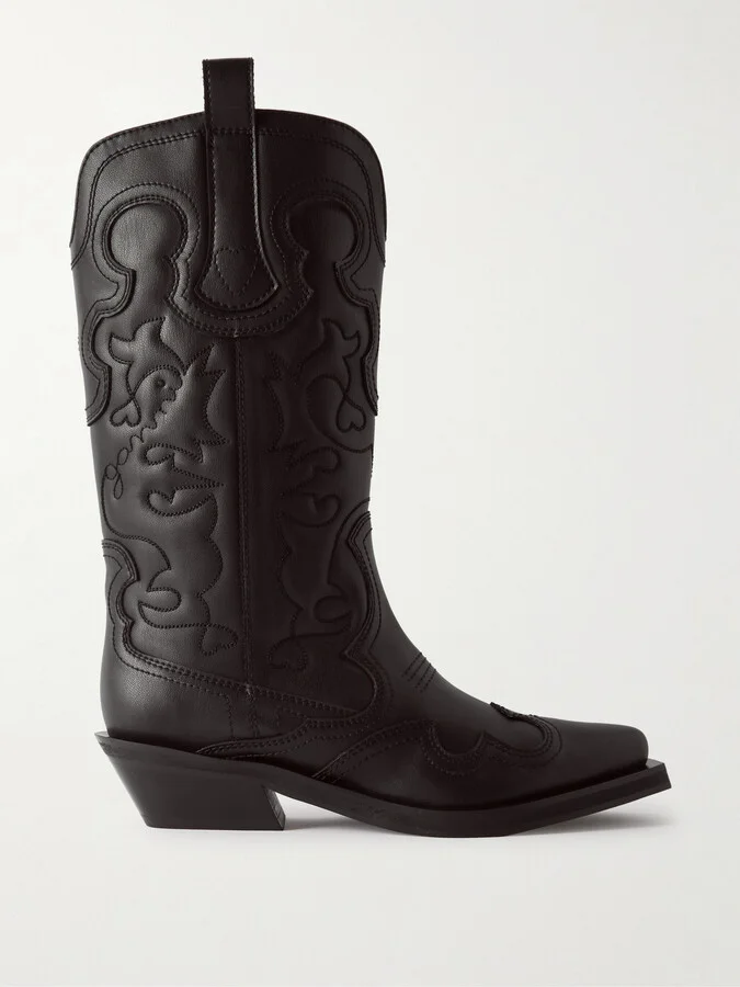 GANNI - Embroidered Leather Cowboy Boots - Black