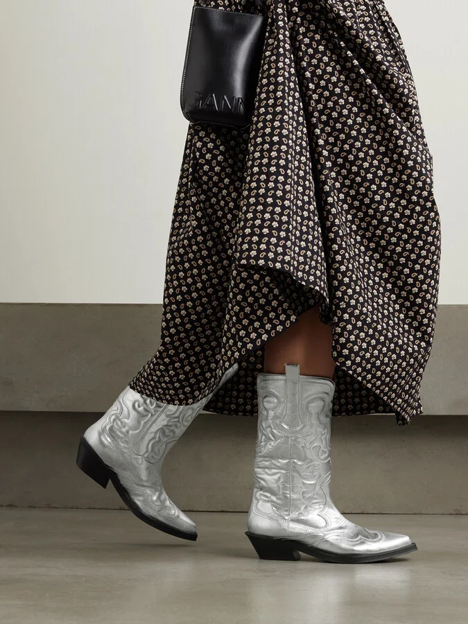 GANNI - Embroidered Metallic Recycled Leather Cowboy Boots - Silver - Image 2