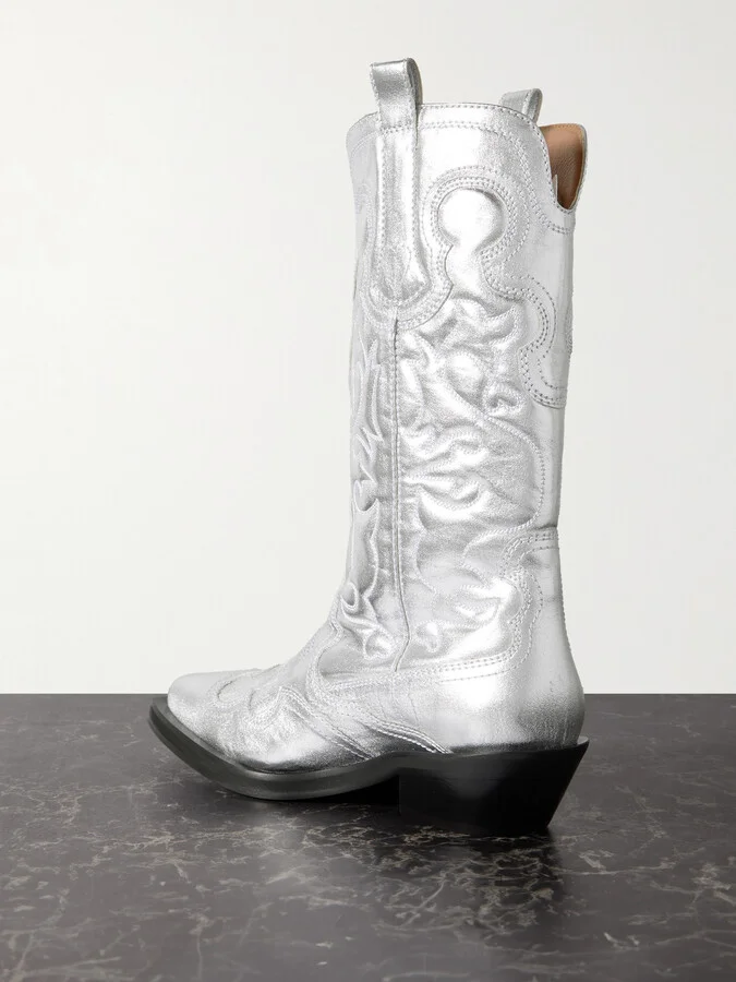 GANNI - Embroidered Metallic Recycled Leather Cowboy Boots - Silver - Image 3