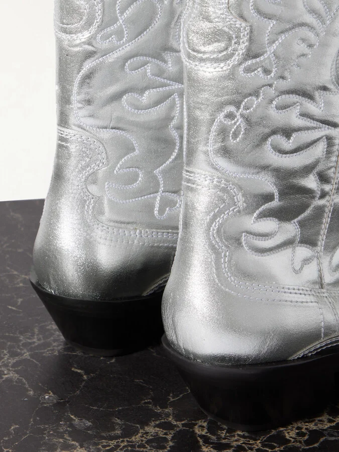 GANNI - Embroidered Metallic Recycled Leather Cowboy Boots - Silver - Image 4