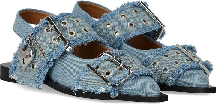 Ganni Faded Denim Slingback Ballet Flat Shoe With Buckles - Image 2