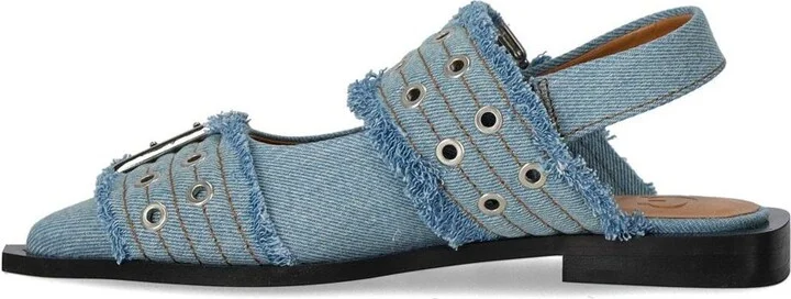 Ganni Faded Denim Slingback Ballet Flat Shoe With Buckles - Image 3