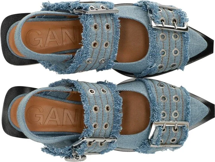 Ganni Faded Denim Slingback Ballet Flat Shoe With Buckles - Image 5