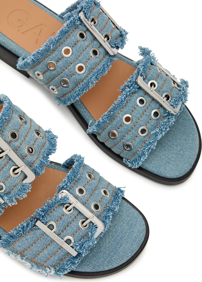 Ganni Feminine Buckle Ballerina Denim Sliders - Image 3
