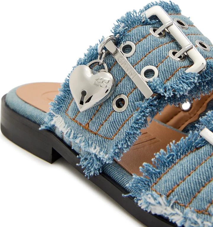 Ganni Feminine Buckle Ballerina Denim Sliders - Image 4