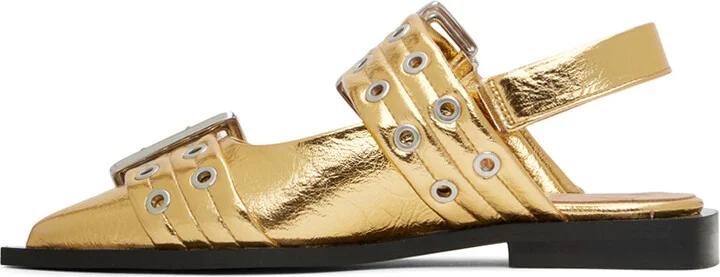 GANNI Gold Feminine Buckle Ballerina Flats - Image 3