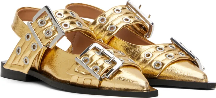 GANNI Gold Feminine Buckle Ballerina Flats - Image 4