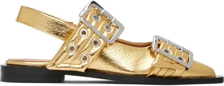 GANNI Gold Feminine Buckle Ballerina Flats
