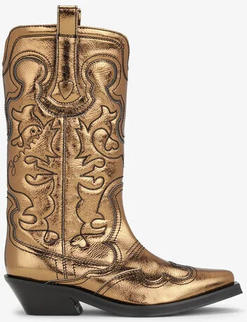 Ganni Gold Metallic Mid Shaft Embroidered Western Boots