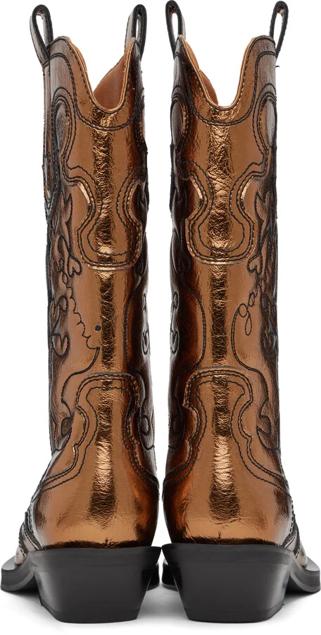 GANNI Gold Mid Shaft Embroidered Western Boots - Image 2
