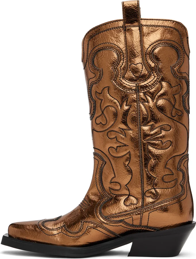 GANNI Gold Mid Shaft Embroidered Western Boots - Image 3