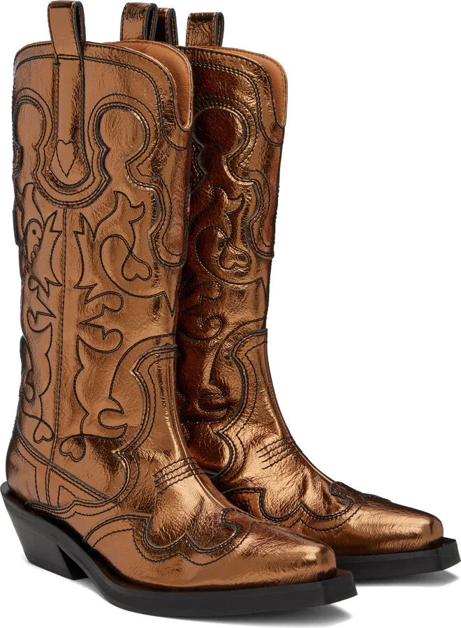 GANNI Gold Mid Shaft Embroidered Western Boots - Image 4