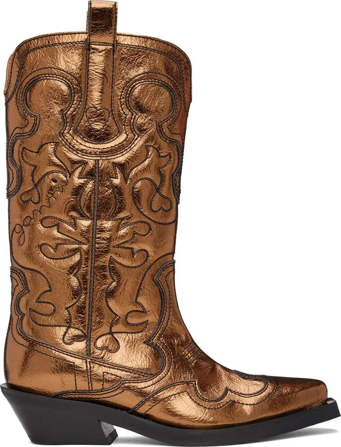 GANNI Gold Mid Shaft Embroidered Western Boots
