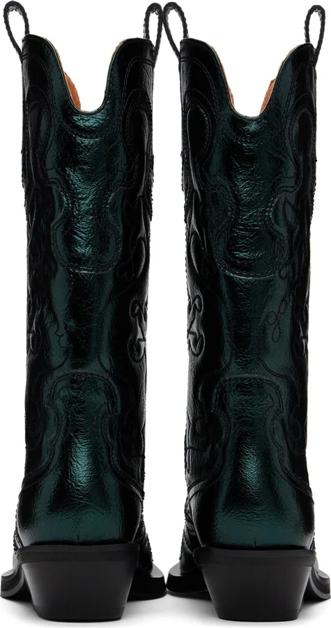 GANNI Green Metallic Mid Shaft Embroidered Western Boots - Image 2