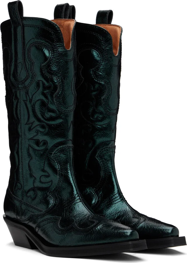 GANNI Green Metallic Mid Shaft Embroidered Western Boots - Image 4
