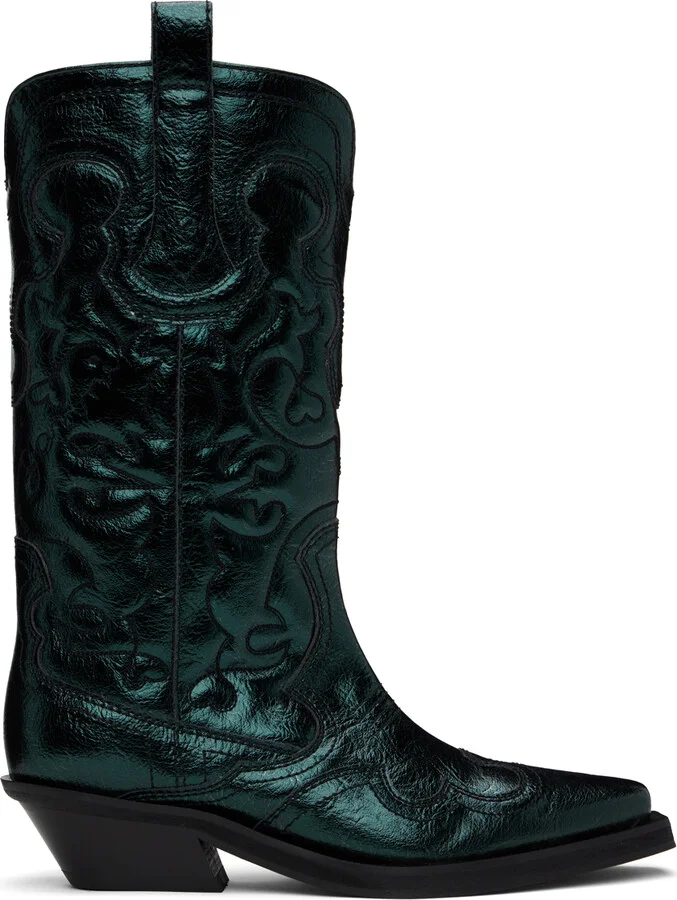 GANNI Green Metallic Mid Shaft Embroidered Western Boots