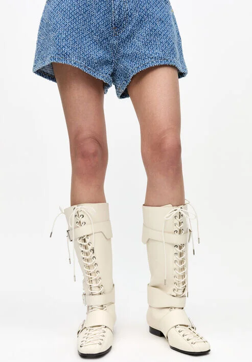 Ganni Ivory Lace-Up High Boots