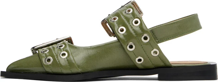 GANNI Khaki Feminine Buckle Ballerina Flats - Image 3