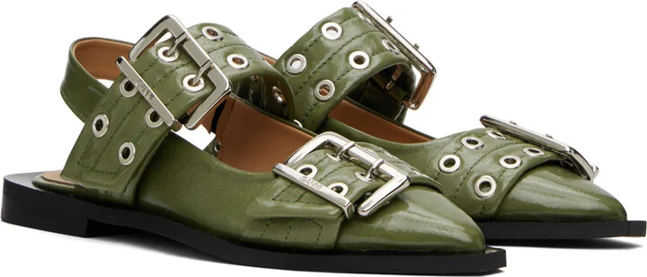 GANNI Khaki Feminine Buckle Ballerina Flats - Image 4