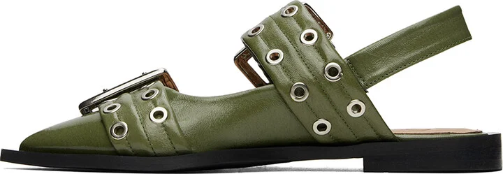 GANNI Khaki Feminine Buckle Ballerina Flats - Image 3