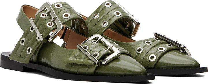 GANNI Khaki Feminine Buckle Ballerina Flats - Image 4