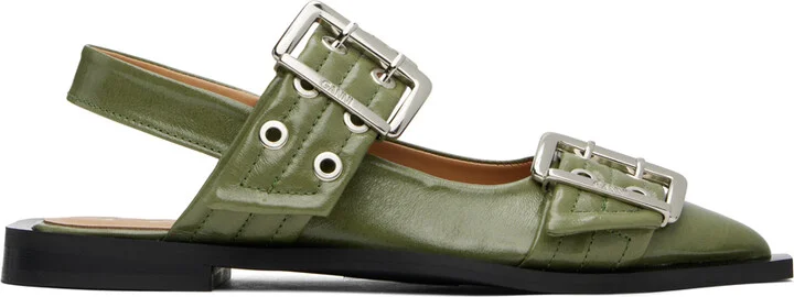GANNI Khaki Feminine Buckle Ballerina Flats