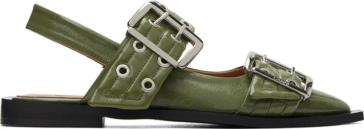 GANNI Khaki Feminine Buckle Ballerina Flats