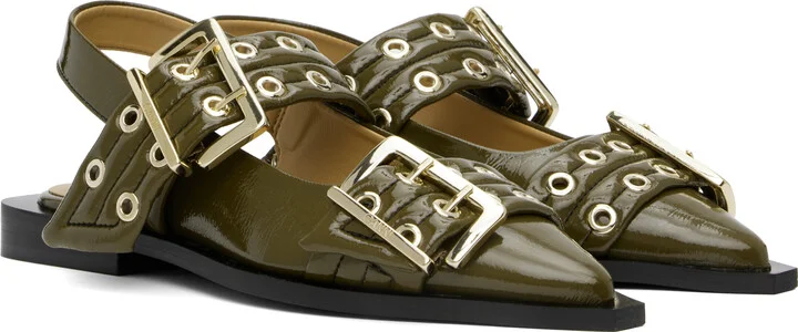 GANNI Khaki Feminine Buckle Flats - Image 4