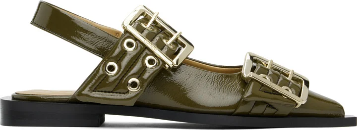 GANNI Khaki Feminine Buckle Flats