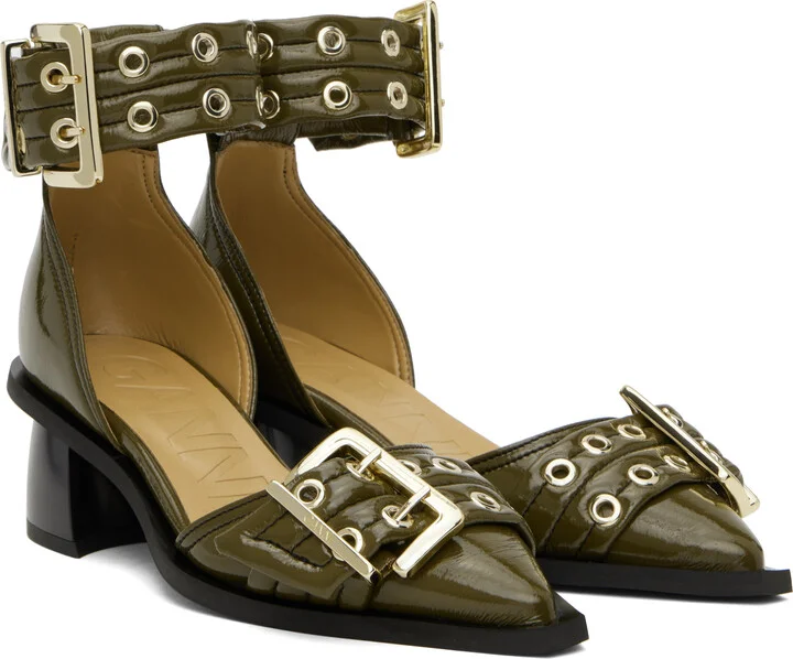GANNI Khaki Feminine Buckle Open Cut Heels - Image 4
