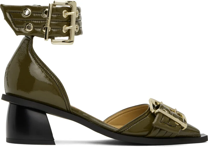 GANNI Khaki Feminine Buckle Open Cut Heels