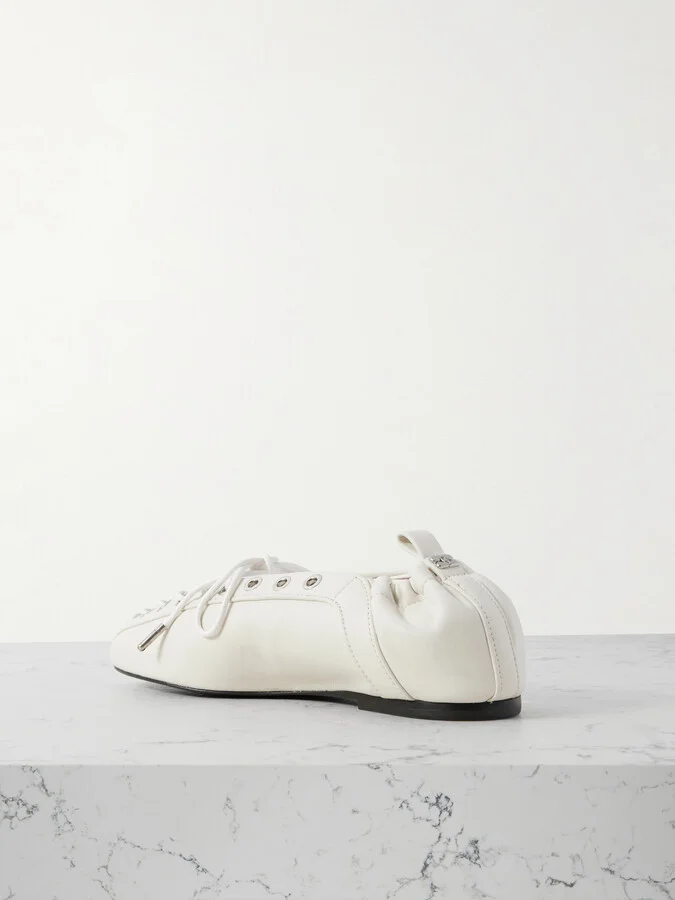 GANNI - Lace-up Embellished Recycled Leather Ballet Flats - Off-white - Image 3