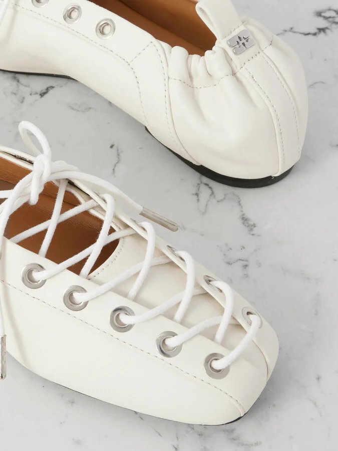 GANNI - Lace-up Embellished Recycled Leather Ballet Flats - Off-white - Image 4