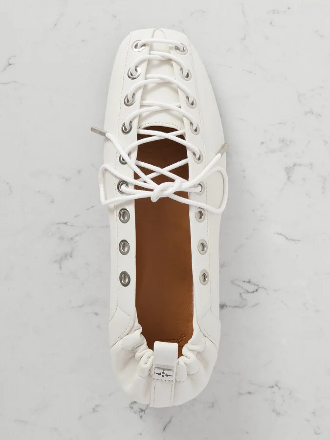 GANNI - Lace-up Embellished Recycled Leather Ballet Flats - Off-white - Image 5