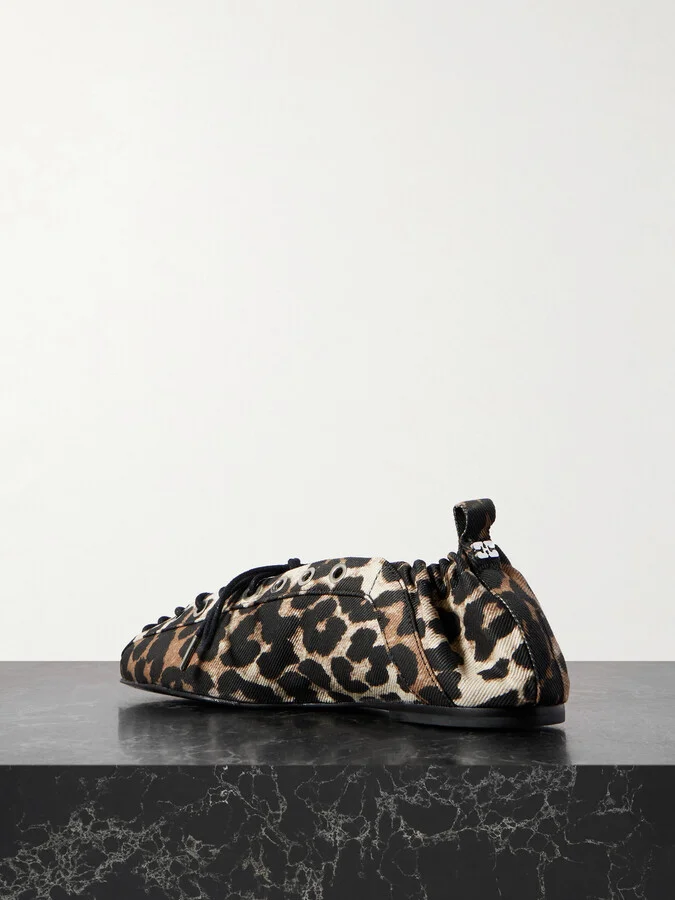 GANNI - Lace-up Leopard-print Denim Ballet Flats - Animal print - Image 3
