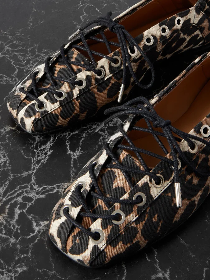 GANNI - Lace-up Leopard-print Denim Ballet Flats - Animal print - Image 4