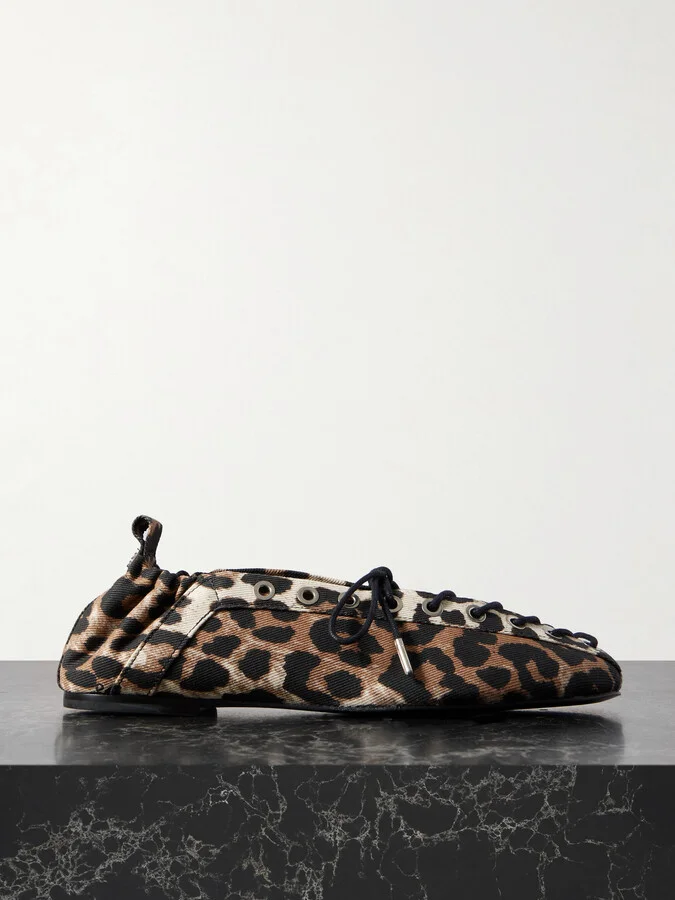 GANNI - Lace-up Leopard-print Denim Ballet Flats - Animal print
