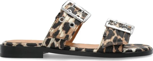 Ganni Leopard Denim Feminine Buckle Two-Strap Sandals