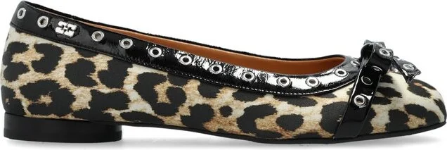 Ganni Leopard Eyelet Bow Ballerinas