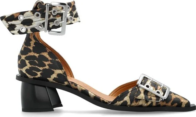 Ganni Leopard Print Ankle-Strap Pumps