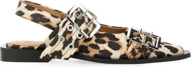 Ganni Leopard-Print Double-Buckled Ballet Flats