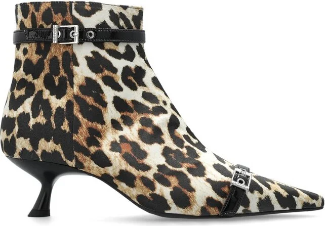 Ganni Leopard Print Pointed-Toe Ankle Boots