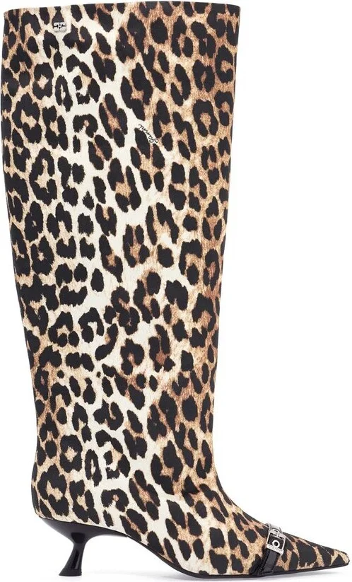 Ganni Leopard Print Pointed-Toe Knee-Length Boots