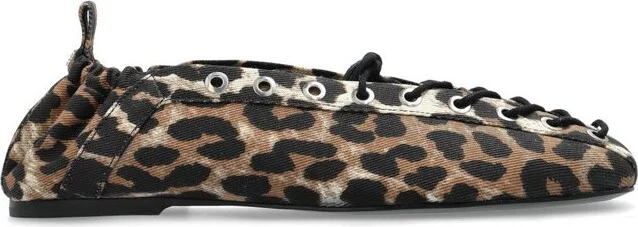 Ganni Leopard Printed Denim Lace-Up Ballerinas