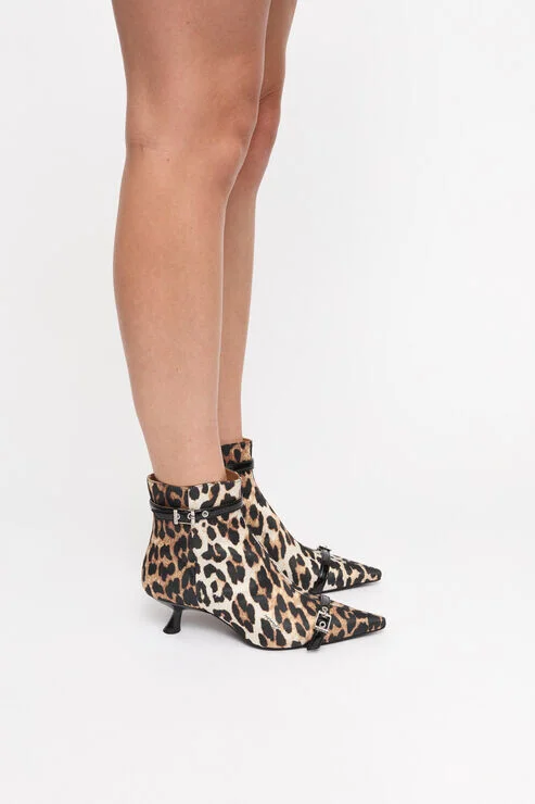 Ganni Leopard Satin Eyelets Kitten Heel Boots